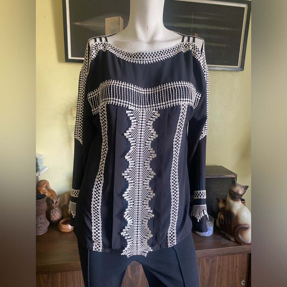 Karen Millen black and Ivory lace trim boat neck contrast long sleeve blouse